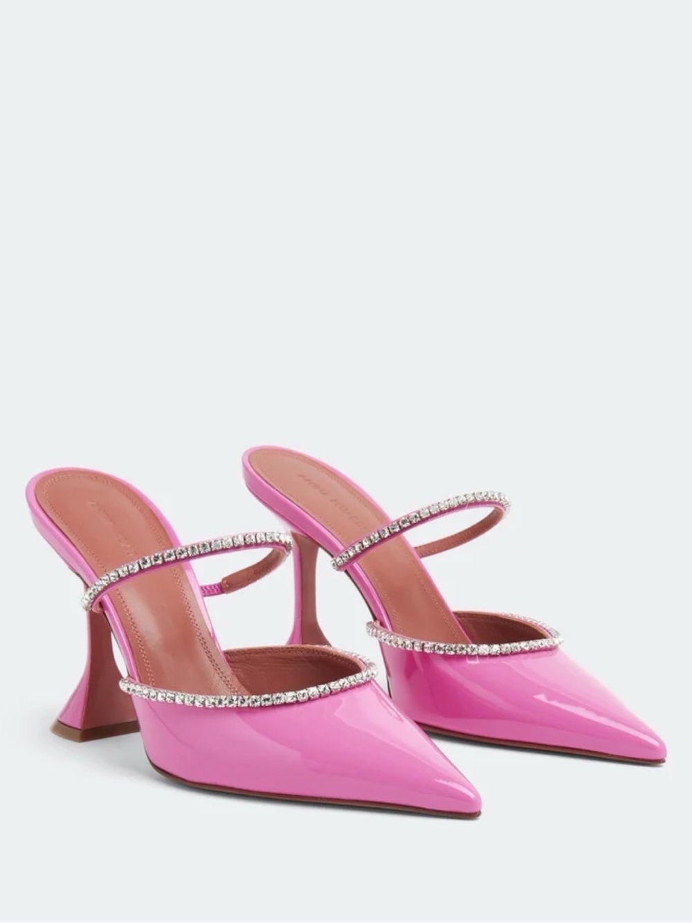 Amina Muaddi Pink Patent Mules with Rhinestone Straps 39.5